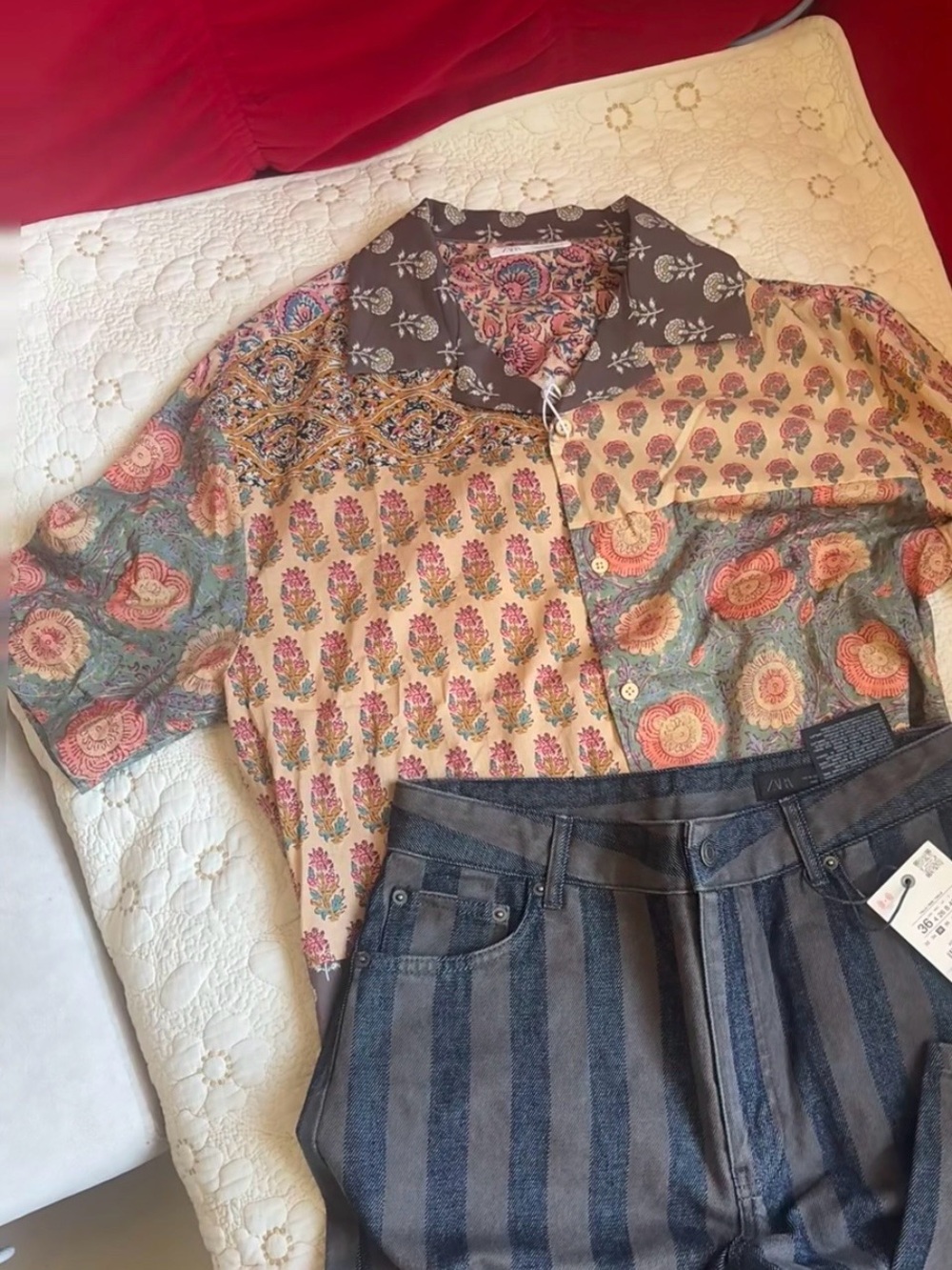 Zara Multicolor Patchwork Floral Button-Down Shirt